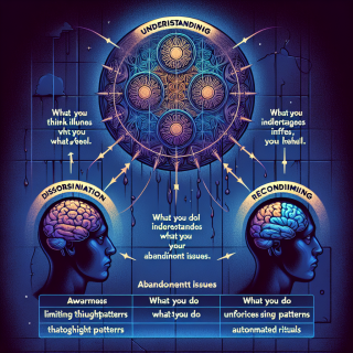 Protocole hypnothérapeutique utilisant Blessure d’ABANDON EN UTILISANT Ce que Tu PENSES influence ce que tu RESSENS, Ce que tu RESSENS influence ce que TU FAIS (comportement), Ce que TU FAIS renforce tes SCHÉMAS DE PENSÉE (rituels automatisés) et les éléments sont essentiels pour TE libérer les schémas de pensée limitants et permettre une guérison profonde et durable. : Prise de conscience, Compréhension, Dissociation et Reconditionnemen