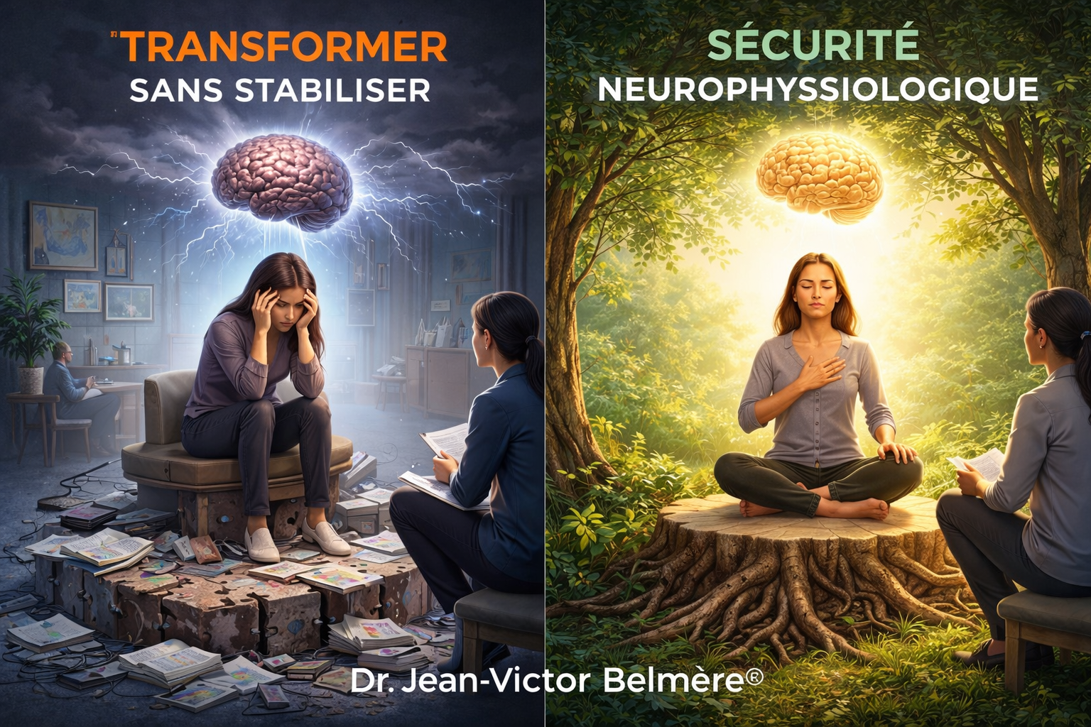 L’une des contributions centrales du modèle Corps-Conscience© réside dans une redéfinition profonde de l’évaluation clinique. Celle-ci ne s’organise plus prioritairement autour du discours du patient, mais autour de l’observation directe de son fonctionnement neurophysiologique.Il ne s’agit plus seulement d’écouter ce qui est exprimé, mais d’identifier ce qui est manifesté par le système nerveux à travers des indices corporels et relationnels précis : la dynamique respiratoire — dans sa profondeur, sa variabilité ou ses ruptures —, les caractéristiques de la voix — tension, rythme, modulation —, les ajustements posturaux souvent subtils, ainsi que la qualité du contact et de l’engagement dans la relation. Ces paramètres offrent un accès plus fiable à l’état réel du patient que les auto-évaluations, fréquemment biaisées par des stratégies défensives, des phénomènes de déconnexion interne ou des reconstructions narratives. Dans cette perspective, l’objet du travail clinique se déplace : il ne s’agit plus d’interpréter un récit, mais de comprendre et d’agir sur un état neurophysiologique directement observable. Dr Jean-Victor Belmère 