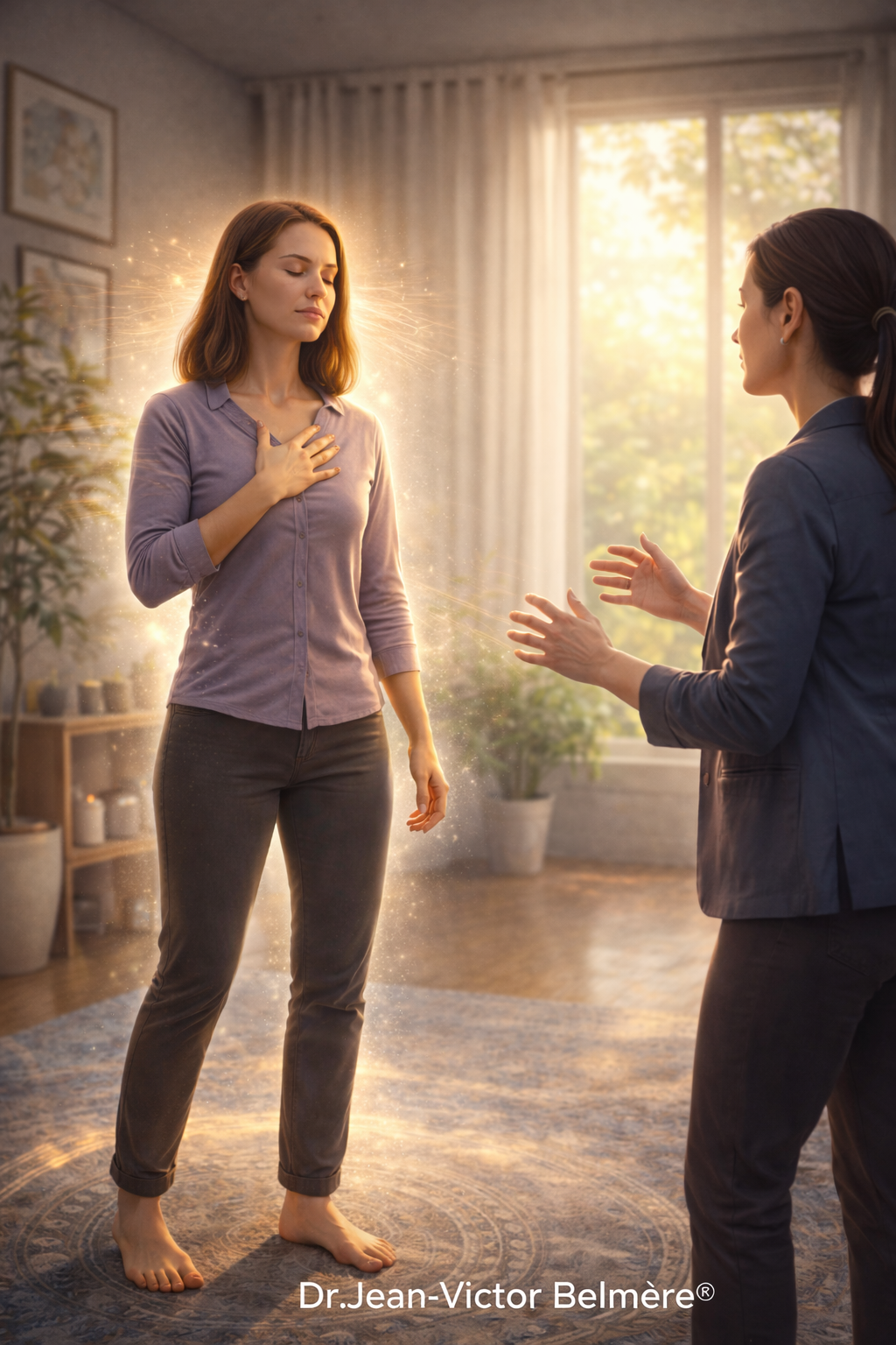 Dans la continuité de cette approche, le modèle Corps-Conscience© fait évoluer de manière notable les modalités d’intervention en hypnothérapie en introduisant une forme dynamique et active : l’hypnothérapie en position debout.Alors que les pratiques classiques privilégient l’immobilité, la fermeture des yeux et une mise à distance des stimulations sensorielles, ce cadre peut s’avérer inadapté pour certains patients, notamment ceux présentant une histoire traumatique. Dans ces cas, l’absence de mouvement et le retrait corporel peuvent réactiver des réponses de figement, associées à des états de sidération ou de déconnexion.  À l’inverse, l’approche Corps-Conscience© mobilise le corps comme point d’entrée central. Le patient est invité à rester debout, à engager des mouvements lents et intentionnels, à sentir ses points d’appui, à ajuster sa posture et à maintenir une attention continue à ses sensations internes.  Ce dispositif permet de réactiver le sentiment d’efficacité personnelle, en redonnant au sujet une capacité d’action directe sur son état. Il soutient également la réintégration des informations sensorimotrices, souvent perturbées dans les contextes de stress prolongé ou de trauma. Enfin, il facilite une désactivation progressive des boucles traumatiques, en évitant toute réactivation excessive.  Dans ce cadre, le corps cesse d’être un simple support de l’expérience thérapeutique : il devient un levier actif et structurant du processus de transformation. Dr Jean-Victor Belmère 